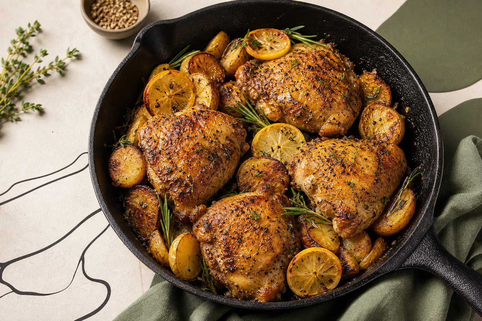 Lemon Pepper Chicken Thighs with Crispy Skillet Potatoes